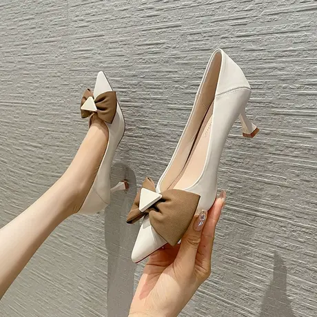 法式少女蝴蝶结高跟鞋女细跟2023年春季新款时尚百搭尖头浅口单鞋图片