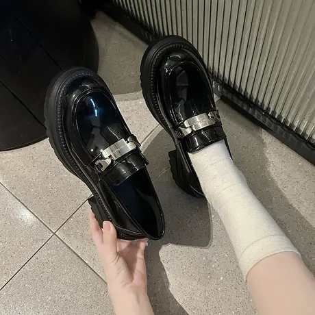 乐福鞋女2024新款春秋一脚蹬英伦小皮鞋黑色百搭超火ins粗跟单鞋商品大图