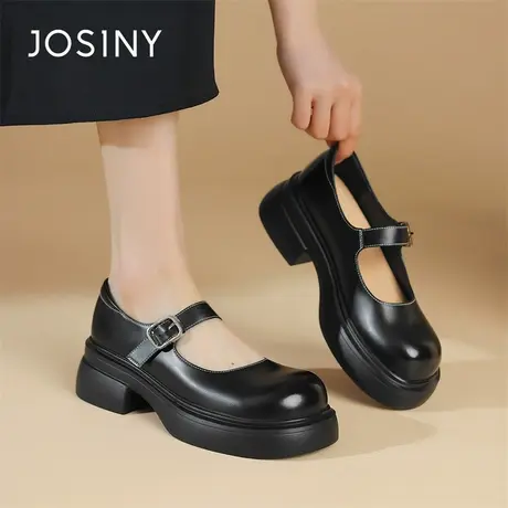 Josiny/卓诗尼黑色小皮鞋女2024新款一字带高级气质时尚玛丽珍鞋图片