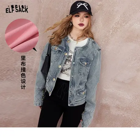 妖精的口袋圆领短款牛仔外套女2024早春新款设计感小个子宽松上衣图片
