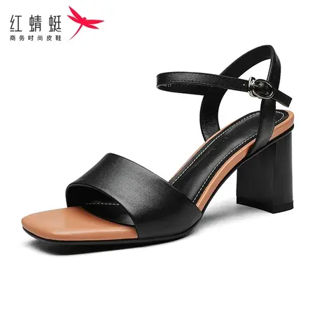 红蜻蜓女鞋女凉鞋夏款新款牛皮粗跟方头露趾百搭时尚休闲舒适软底商品大图