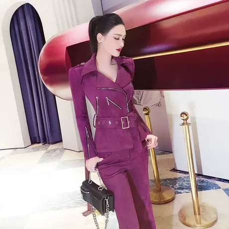 VJE春秋麂皮绒OL职业套装女新款小西装外套喇叭裤两件套图片