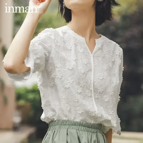 茵曼女士衬衫春季新款绣花白色纯棉衬衣喇叭袖仙气少女上衣图片