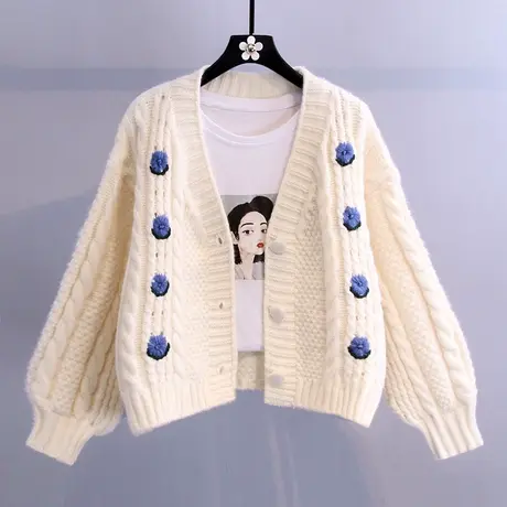 短款麻花毛衣外套女春秋2023新款宽松外穿百搭减龄小清新针织开衫图片