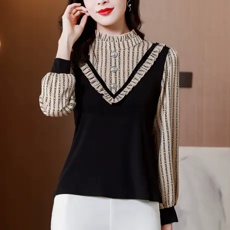 2023春装新款女上衣假两件衬衫春秋时尚洋气大码长袖宽松打底小衫商品大图