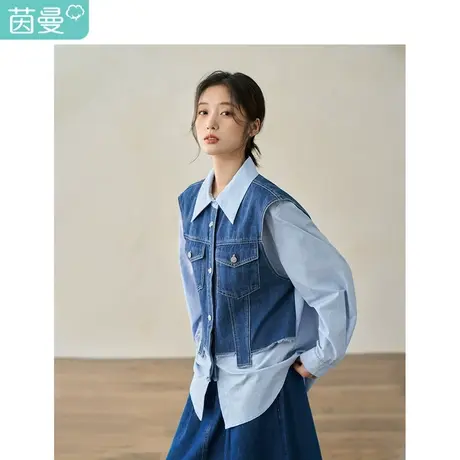 【商场同款】茵曼牛仔马甲假两件外套2023秋季女装新款拼接上衣图片