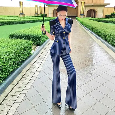 VJE夏季性感休闲职业装女套装时尚短袖条纹外套气质长裤两件套图片