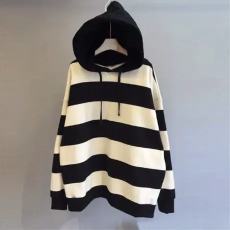 卫衣女加绒加厚2020秋冬新款韩版ins潮条纹宽松显瘦连帽百搭外套商品大图