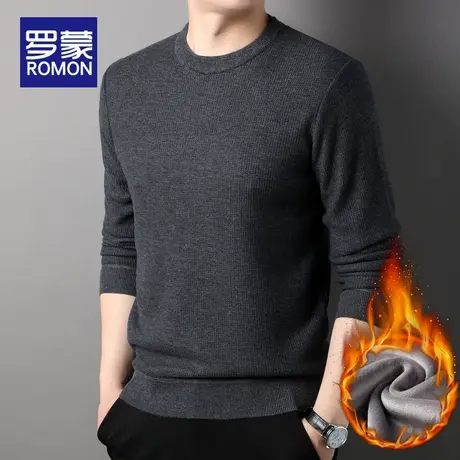 罗蒙加绒毛衣男士秋冬季新款2023爆款加厚保暖打底针织衫圆领线衣商品大图