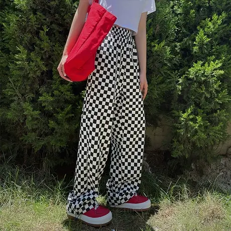 棋盘格束脚两穿裤子女春季显瘦休闲直筒裤宽松黑白格子垂感阔腿裤图片
