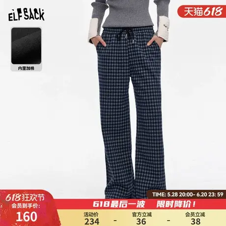 妖精的口袋复古格子休闲加绒阔腿裤女2024冬新款慵懒风松弛感裤子商品大图