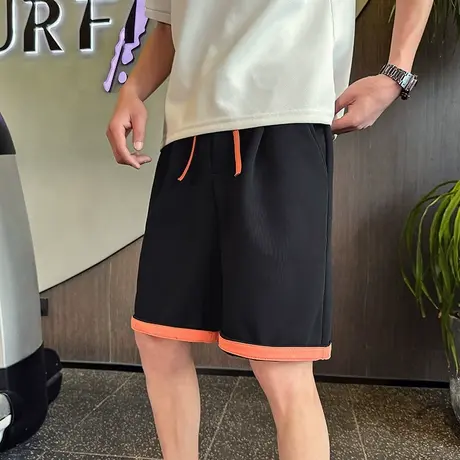 2025时尚休闲纯色男生运动裤休闲运动裤宽松直筒撞色中裤卫裤男商品大图