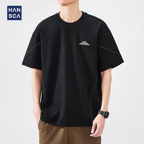 hansca 美式绣花短袖T恤男2025夏季新款刺绣落肩圆领百搭黑色上衣商品大图
