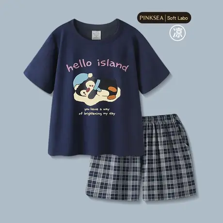 睡衣女款凉感莫代尔棉夏季短袖短裤套装新款情侣可爱企鹅家居服男商品大图