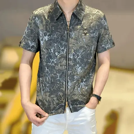 2025夏季新款男士短袖衬衫时尚潮流百搭休闲上衣拉链翻领衬衣夏装商品大图