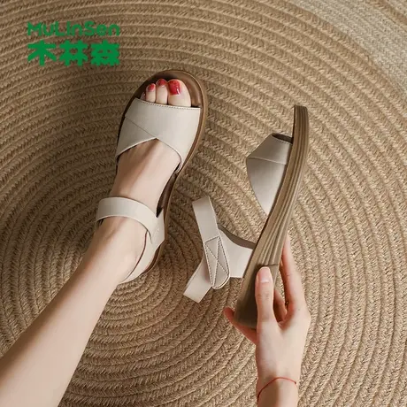 木林森凉鞋女2025夏季新款女鞋魔术贴休闲气质百搭罗马平底凉鞋女图片
