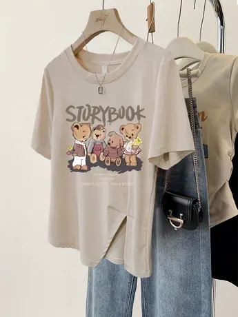 夏大码t恤女ins潮设计感小众别致港味复古chic不规则开叉短袖上衣商品大图