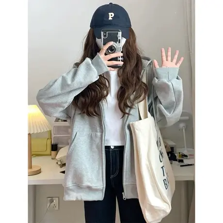 国潮vibe大码薄款连帽开衫卫衣女ins美式休闲慵懒风秋季外套上衣商品大图