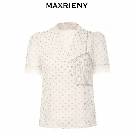 【奥莱】MAXRIENY 短袖雪纺衫女夏季波点衬衣气质蕾丝小衫V领上衣图片