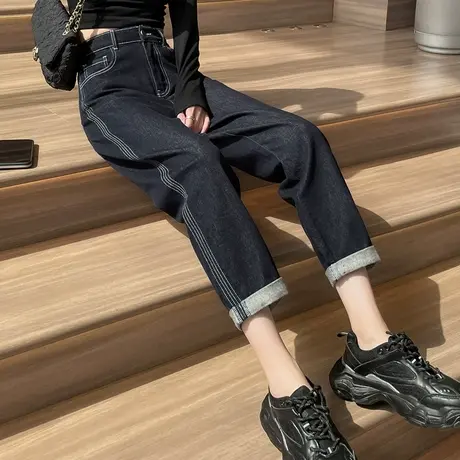 原色深蓝牛仔裤女2023流行裤子九分裤加厚加绒设计感小众哈伦萝卜图片
