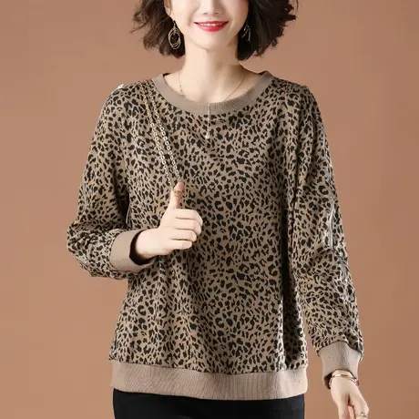 卫衣女春秋薄款加肥加大码女装宽松中年妈妈百搭休闲豹纹显瘦上衣商品大图