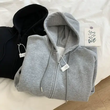 韩版基础灰色加绒开衫连帽卫衣女宽松慵懒风拉链外套上衣帽衫冬季商品大图