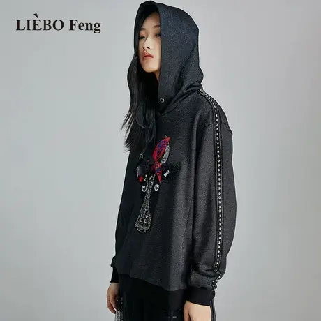 裂帛LIEBOFeng原创设计ins高街立体刺绣铆钉连帽套头长袖黑色卫衣图片