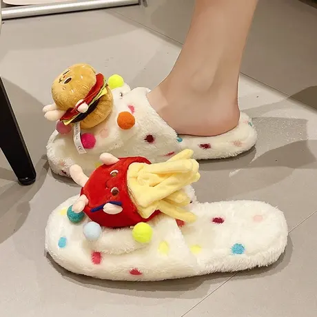 秋季可爱毛毛拖鞋高级感外穿包头2023新款薯条汉堡拖鞋女学生宿舍商品大图