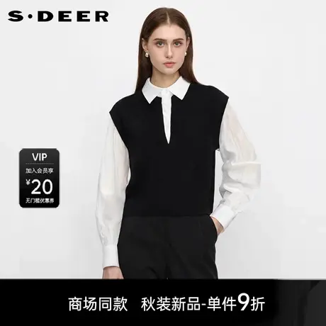 【商场同款】sdeer圣迪奥女学院风翻领撞色灯笼袖毛衣S25383503图片