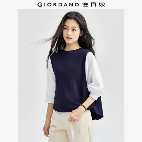 佐丹奴七分袖T恤女新款时尚撞色假两件拼接宽松圆领上衣13325751商品大图