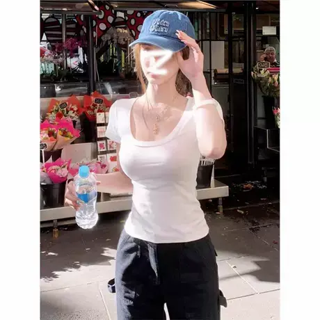 美式U领正肩短袖t恤女夏季2025新款紧身茶艺纯欲辣妹掐腰白色上衣图片