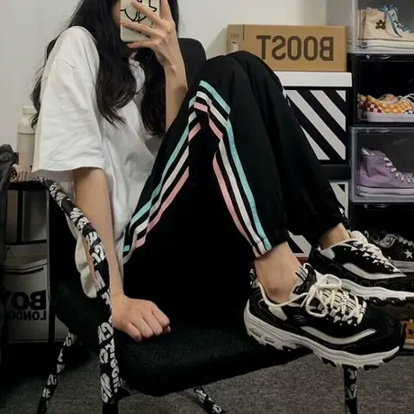 撞色条纹直筒哈伦裤女春季新款宽松显瘦高腰韩版百搭阔腿九分裤潮图片