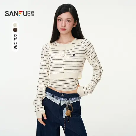 三福毛衣2025秋季爱心刺绣指洞袖背心开衫两件套女装508110商品大图