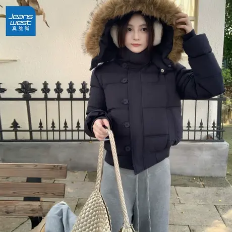 GL真维斯毛领连帽外套女2025冬季新款保暖修身短款韩版棉衣棉服女图片