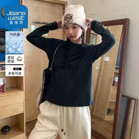 NOE真维斯黑色长袖t恤女2025新款秋冬季爆款青少年宽松磨毛打底衫商品大图