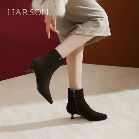 哈森方头瘦瘦靴女冬季新款套筒弹力靴细跟时装短靴 HWA240167商品大图