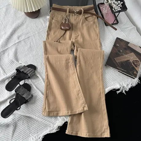 美式辣妹复古水洗微喇牛仔裤女2025秋季新款高腰弹力喇叭裤配腰包商品大图