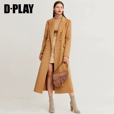 DPLAY{商场同款}冬装年新品欧美驼色水波纹毛呢大衣女长款商品大图