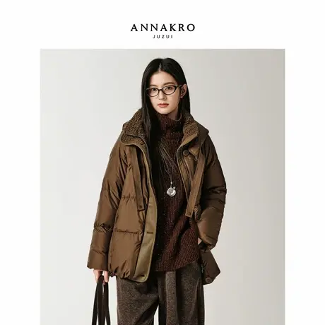 玖姿安娜蔻颗粒绒拼接连帽一手长发热鸭绒羽绒服女2025冬季新款图片