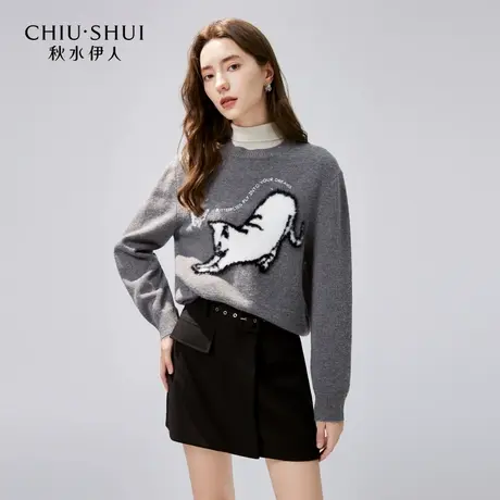秋水伊人可爱猫咪提花针织衫2025年秋冬新款女装休闲百搭圆领毛衣图片
