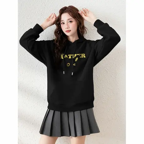 唐狮春季新款女卫衣连帽字母印花外套宽松休闲黑色连帽衫潮TD图片