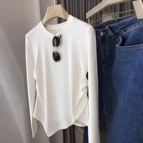 下摆不规则长袖T恤女2023秋季新款修身显瘦纯色简约内搭打底上衣商品大图