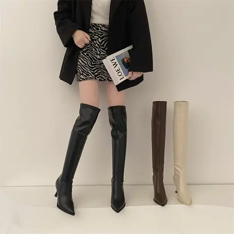 过膝靴女2023春秋季新款韩系小个子复古百搭瘦瘦靴细跟尖头骑士靴商品大图