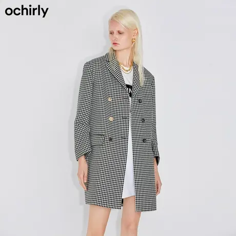 【首降】欧时力 千鸟格中长款西装外套女新款冬装双排扣休闲宽松商品大图