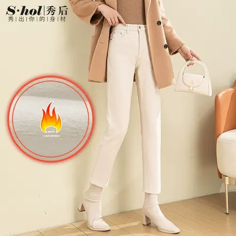 米白色加绒牛仔裤女秋冬加厚九分裤高腰显瘦修身小个子直筒裤黑色商品大图