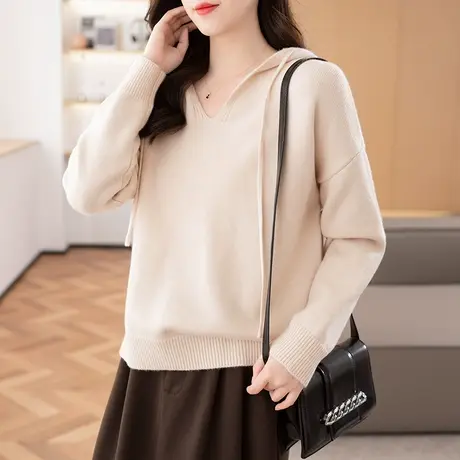 2023秋冬新款韩版宽松连帽衫纯色V领长袖针织衫女士百搭上衣打底商品大图