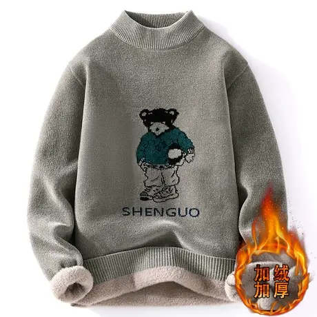 冬季卡通提花小熊加绒毛衣男士半高领针织衫青年潮流保暖打底线衣图片