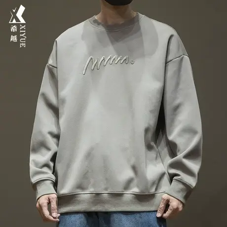 希越男士加绒圆领卫衣秋冬季潮牌立体刺绣内搭打底衫宽松大码男装商品大图