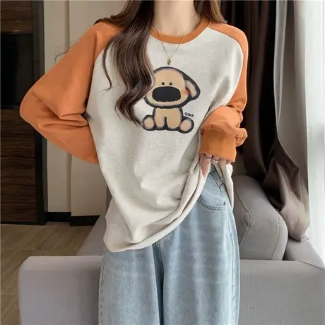 春秋冬季加绒加厚长袖T恤女宽松韩版百搭拼接撞色插肩袖上衣ins潮图片