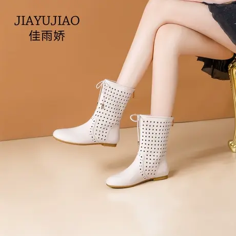 平底鞋子女真皮短靴2023春新款马丁靴牛皮圆头洞洞靴镂空中筒单靴图片